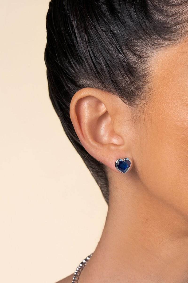 Large Bezel Heart Studs (Blue Sapphire)
