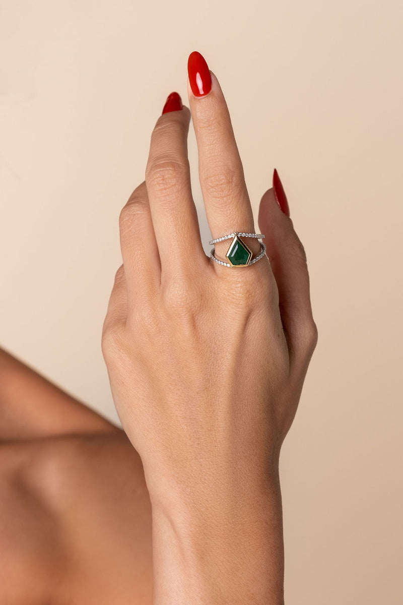 Diamond & Emerald Shield Ring