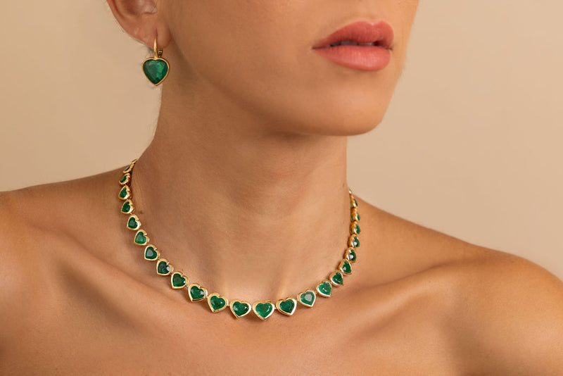 Bezel Set Emerald Tennis Necklace (Heart Shape)
