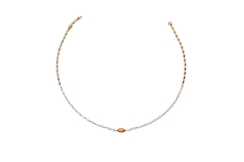 Diamond Tennis Necklace with Fancy Deep Orange Yellow Marquise Diamond Center