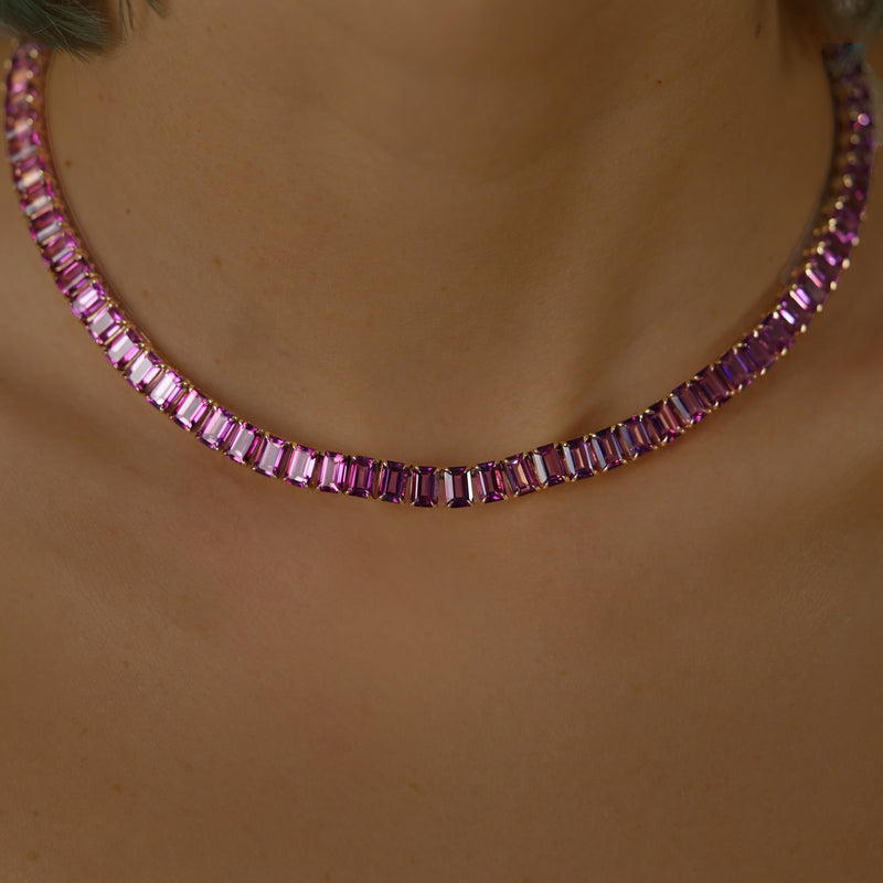 Pink Topaz Tennis Necklace (Emerald-Cut)